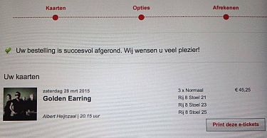 Golden Earring email ticket order March 28, 2015 Zaandam concert